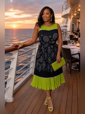 Bethany Black & Lime Green Pleated Midi Dress with Belt